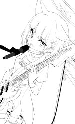 Rule 34 | 1girl, absurdres, animal ears, blue archive, blush, cat ears, clothes around waist, electric guitar, extra ears, greyscale, guitar, hair ornament, hairclip, halo, highres, honi (honi1010), instrument, jacket, jacket around waist, kazusa (blue archive), korean commentary, microphone, monochrome, open mouth, pleated skirt, shirt, short hair, short sleeves, simple background, skirt, solo, white background