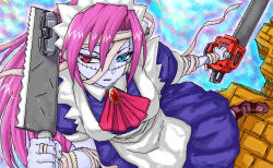 Rule 34 | 1girl, apron, ascot, blue dress, blue eyes, brooch, chainsaw, close-up, dress, dual persona, gem, heterochromia, jaggy lines, jewelry, long sleeves, looking at viewer, minarai, pink hair, red eyes, solo