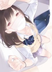 Rule 34 | 1girl, ama mitsuki, arm up, blazer, blue bow, blue bowtie, blue jacket, blush, bow, bowtie, breasts, brown hair, collarbone, collared shirt, couch, covered mouth, dress shirt, dutch angle, half-closed eyes, hand up, jacket, unworn jacket, long hair, long sleeves, looking at viewer, lying, mask, miniskirt, mouth mask, on back, on couch, original, perspective, purple skirt, red eyes, school uniform, shirt, skirt, small breasts, solo, surgical mask, sweater vest, white shirt, wing collar, wristband