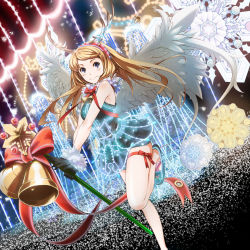 Rule 34 | 1girl, antlers, bare shoulders, bell, black dress, black gloves, blonde hair, blue footwear, bow, bowtie, character request, christmas lights, closed mouth, dress, dutch angle, fur trim, gloves, holding, holding staff, horns, jingle bell, kaku-san-sei million arthur, leg ribbon, leg up, light smile, long hair, million arthur (series), noraico, outstretched arms, purple eyes, red bow, red bowtie, red ribbon, reindeer antlers, ribbon, shoes, sleeveless, sleeveless dress, solo, staff, swept bangs, white wings, wings
