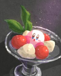 Rule 34 | :o, black background, blue eyes, blush stickers, colored skin, commentary request, food, fruit, glass, highres, in food, kirby, kirby (series), leaf, light particles, looking at viewer, miclot, nintendo, no humans, open mouth, oversized food, oversized object, pink footwear, pink skin, shadow, shoes, sitting, strawberry