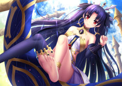 Rule 34 | 1girl, asymmetrical legwear, barefoot, black hair, black ribbon, black thighhighs, breasts, choker, cleavage, detached sleeves, dress, earrings, fate/grand order, fate (series), feet, from below, hair ribbon, ishtar (fate), jewelry, lens flare, long hair, looking at viewer, red eyes, ribbon, sideboob, single thighhigh, sleeveless, sleeveless dress, small breasts, smile, soles, solo, sparkle, strapless, strapless dress, sunlight, thighhighs, toes, tohsaka rin, toshi (1-147), uneven legwear, very long hair