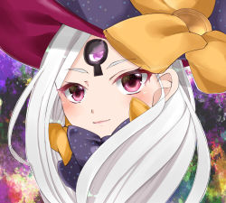 Rule 34 | 1girl, abigail williams (fate), abigail williams (third ascension) (fate), black bow, blush, bow, closed mouth, fate/grand order, fate (series), glowing, hat, hat bow, head tilt, long hair, looking at viewer, orange bow, parted bangs, polka dot, polka dot bow, portrait, purple eyes, purple hat, silver hair, smile, solo, tare usagi, witch hat