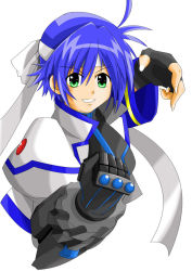 Rule 34 | 00s, 1girl, androgynous, antenna hair, black gloves, blue hair, clenched hand, collar, fingerless gloves, gauntlets, gloves, green eyes, lyrical nanoha, mahou shoujo lyrical nanoha, mahou shoujo lyrical nanoha strikers, revolver knuckle, short hair, simple background, solo, subaru nakajima, upper body, white background