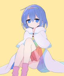 Rule 34 | 1girl, 76gpo, blue eyes, blue hair, blush, cloak, closed mouth, dress, hair between eyes, hairband, highres, long sleeves, multicolored clothes, multicolored dress, multicolored hairband, one-hour drawing challenge, rainbow gradient, short hair, simple background, solo, tenkyuu chimata, touhou, white cloak, yellow background