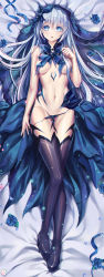 Rule 34 | 1693070240, 1girl, absurdres, bare arms, bed sheet, black footwear, black panties, blue eyes, blue flower, blue ribbon, blue rose, boots, breasts, dakimakura (medium), date a live, flower, from above, full body, hair between eyes, headdress, highres, incredibly absurdres, long hair, looking at viewer, lying, medium breasts, navel, on back, open mouth, panties, panty pull, ribbon, rose, snowflakes, solo, thigh boots, tobiichi origami, underwear, very long hair, white hair