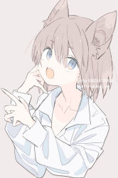 Rule 34 | 1girl, animal ears, artist name, blue eyes, brown background, brown hair, cat ears, cat girl, collared shirt, commentary request, fangs, hand on own cheek, hand on own face, hands up, kinutani yutaka, long sleeves, looking at viewer, open mouth, original, puffy long sleeves, puffy sleeves, shirt, short hair, simple background, slit pupils, solo, upper body, white shirt