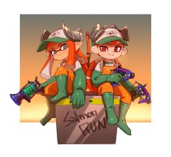 Rule 34 | 1boy, 1girl, artist name, baseball cap, boots, closed mouth, dapple dualies (splatoon), dual wielding, elbow gloves, full body, gloves, green footwear, green gloves, grey eyes, hat, highres, holding, inkling, inkling girl, inkling player character, l-3 nozzlenose (splatoon), lifebuoy, long hair, nintendo, octoling, octoling boy, octoling player character, ohil (ohil822), orange hair, orange overalls, overalls, pointy ears, red eyes, rubber boots, rubber gloves, salmon run (splatoon), short hair, sitting, smile, splatoon (series), splatoon 2, swim ring, tentacle hair