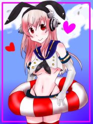 Rule 34 | 1girl, bare shoulders, black panties, blush, breasts, cosplay, elbow gloves, gloves, hair ornament, hairband, headphones, heart, highleg, highleg panties, highres, kantai collection, large breasts, lifebuoy, long hair, looking at viewer, navel, nitroplus, panties, pink hair, red eyes, shimakaze (kancolle), shimakaze (kancolle) (cosplay), skirt, smile, solo, striped clothes, striped thighhighs, super sonico, swim ring, thighhighs, underboob, underwear, white gloves