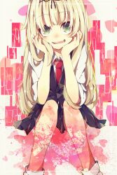Rule 34 | 1girl, alternate costume, black ribbon, black skirt, black vest, blonde hair, blunt bangs, blush, green eyes, hair ribbon, hands on own cheeks, hands on own face, kantai collection, long hair, looking at viewer, necktie, open mouth, pleated skirt, red necktie, ribbon, shirt, simple background, sitting, skirt, solo, sumoffu, vest, white shirt, yuudachi (kancolle)