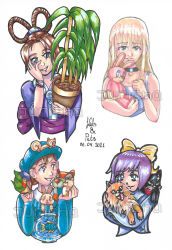 Rule 34 | 1boy, 3girls, absurdres, ace attorney, animal, another code, bird, blue eyes, bob cut, bow, brown eyes, brown hair, capcom, cat, charley (ace attorney), child, chipmunk, choker, crossover, dated, dog, fish, fishbowl, ghost trick, hair bow, hair rings, hand on own face, hat, highres, holding, holding plant, holding stuffed toy, hotel dusk, japanese clothes, juricha-art, kamila, kimono, long hair, luke triton, magatama, mila evans, missile (ghost trick), multiple girls, pearl fey, plant, potted plant, professor layton, purple eyes, purple hair, sissel (ghost trick), squirrel, stuffed animal, stuffed rabbit, stuffed toy, tank top, updo, white hair