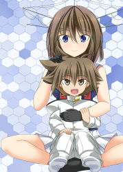 Rule 34 | 1boy, 1girl, admiral (kancolle), black gloves, blue eyes, blush, brown eyes, brown hair, comic, commentary request, epaulettes, gloves, hair between eyes, hair ornament, hairclip, hand on another&#039;s arm, hand on another&#039;s chest, hand on another&#039;s head, headgear, highres, indian style, jacket, kantai collection, little boy admiral (kancolle), looking at viewer, looking up, maya (kancolle), military, military uniform, open mouth, oversized clothes, shirt, sitting, sitting on lap, sitting on person, sleeveless, sleeveless shirt, sleeves past wrists, smile, socks, uniform