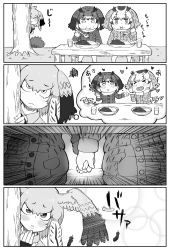 Rule 34 | 10s, 3girls, 4koma, :&gt;, :&lt;, bird wings, blush, buttons, coat, collared shirt, comic, cup, curry, curry rice, day, drinking glass, eating, emphasis lines, eurasian eagle owl (kemono friends), feathered wings, feathers, feeding, fingerless gloves, flapping, food, food on face, fur collar, gloves, greyscale, hair between eyes, hand to own mouth, hands on own cheeks, hands on own face, hands up, head wings, heart, heart-shaped tongue, heart in mouth, hiding, highres, holding, holding hands, holding spoon, imagining, kemono friends, long sleeves, low ponytail, monochrome, multiple girls, myanmar (tenrai ha), necktie, northern white-faced owl (kemono friends), outdoors, parted lips, plate, pocket, rice, shirt, shoebill (kemono friends), side ponytail, silent comic, sitting, smile, sound effects, spoon, table, tearing up, thought bubble, wings, yuri