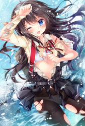Rule 34 | 10s, 1girl, ;o, arms up, asashio (kancolle), backpack, bag, bare arms, bare shoulders, belt, belt buckle, black dress, black hair, black pantyhose, blue eyes, blush, bra, buckle, dress, dutch angle, eyebrows, kantai collection, long hair, looking at viewer, navel, neck ribbon, nogi takayoshi, one eye closed, open mouth, outdoors, panties, panties under pantyhose, pantyhose, randoseru, red ribbon, ribbon, shirt, sleeveless, sleeveless dress, solo, splashing, standing, stomach, tareme, torn clothes, torn dress, torn pantyhose, torn shirt, torn sleeves, underwear, water, water drop, white bra, white panties, yellow shirt