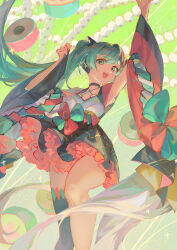 Rule 34 | 1girl, :d, absurdres, aqua hair, arms up, asymmetrical sleeves, black skirt, black sleeves, black thighhighs, commentary request, detached sleeves, feet out of frame, frilled skirt, frills, green theme, hair between eyes, hatsune miku, headphones, highres, hlymoriia, japanese clothes, kimono, long hair, looking at viewer, magical mirai (vocaloid), magical mirai miku, magical mirai miku (2020 summer), mismatched sleeves, multicolored sleeves, non-web source, open mouth, red sleeves, shide, single thighhigh, skirt, smile, solo, teeth, thighhighs, twintails, upper teeth only, very long hair, vocaloid, white kimono, white sleeves, wide sleeves