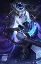 Rule 34 | absurdres, alternate costume, artist name, atomicxx, bare shoulders, blue eyes, bracelet, collared dress, cosmic lux, detached sleeves, dress, glowing, glowing eyes, glowing hair, hand on own chest, headpiece, highres, jewelry, league of legends, lipstick, long hair, looking at viewer, looking to the side, lux (league of legends), makeup, outstretched arm, purple hair, purple lips, silver hair, staff, standing