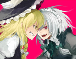 Rule 34 | 2girls, angry, bad id, bad pixiv id, battle, blonde hair, braid, clenched teeth, confrontation, duel, eye contact, face-to-face, female focus, forehead-to-forehead, grin, harano, hat, heads together, izayoi sakuya, kirisame marisa, long hair, looking at another, multiple girls, red eyes, short hair, silver hair, simple background, smile, teeth, touhou, twin braids, witch, witch hat, yellow eyes