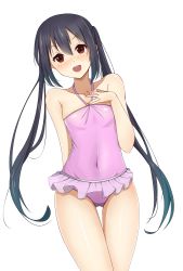 Rule 34 | 1girl, absurdres, black hair, breasts, brown eyes, casual one-piece swimsuit, cowboy shot, hair between eyes, highres, k-on!, long hair, nakano azusa, one-piece swimsuit, pink one-piece swimsuit, sidelocks, simple background, small breasts, solo, swimsuit, swimsuit skirt, twintails, white background, yasuc