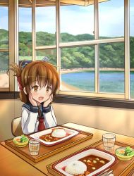 Rule 34 | 1girl, black sailor collar, blush, bowl, brown eyes, brown hair, chair, commentary request, cup, curry, curry rice, day, folded ponytail, food, hair between eyes, hands on own cheeks, hands on own face, hitakikan, inazuma (kancolle), indoors, kantai collection, long sleeves, neckerchief, ponytail, red neckerchief, rice, sailor collar, salad, school uniform, serafuku, sitting, solo, table, tray, water