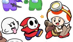 Rule 34 | 5others, :d, among us, boo (mario), captain toad, captain toad: treasure tracker, crewmate (among us), headlamp, holding, holding map, holding sword, holding weapon, kiman, lime (among us), map, mario (series), multiple others, nintendo, open mouth, purple (among us), shy guy, smile, sword, toad (mario), weapon