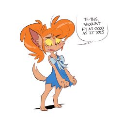 Rule 34 | 1girl, blue dress, blush, dress, eyebrows, fang, fur, herny, highres, long hair, monster, monster girl, open mouth, orange hair, pointy ears, scooby-doo, scooby-doo and the ghoul school, simple background, solo, sweat, tail, text focus, werewolf, white background, winnie (scooby-doo), yellow eyes