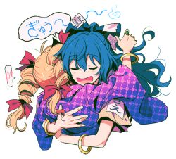 Rule 34 | 2girls, arm up, bangle, blue bow, blue hair, blush stickers, bow, bracelet, closed eyes, cropped torso, dark blue hair, debt, drill hair, facing away, facing viewer, from behind, hair between eyes, hair bow, hitodama, hug, jewelry, long hair, long sleeves, multiple girls, multiple rings, no nose, open mouth, orange hair, re ghotion, red bow, ring, short sleeves, siblings, simple background, sisters, smile, speech bubble, spoken blush, sweat, touhou, twin drills, twintails, u u, upper body, white background, wide sleeves, yorigami jo&#039;on, yorigami shion