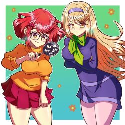 Rule 34 | 2girls, :(, alternate costume, blonde hair, blue background, breasts, cosplay, crossed arms, crossover, daphne ann blake, daphne blake, flower, glasses, gradient background, handkerchief, highres, jokarioart, large breasts, long hair, looking down, magnifying glass, multiple eyes, multiple girls, mythra (xenoblade), pyra (xenoblade), red eyes, red hair, ribbon, scooby-doo, short hair, skirt, sweater, tiara, velma dace dinkley, xenoblade chronicles (series), xenoblade chronicles 2, yellow eyes