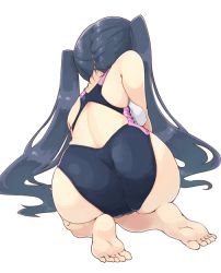 Rule 34 | 1girl, ass, barefoot, black hair, cameltoe, competition swimsuit, feet, from behind, long hair, naka akira, one-piece swimsuit, original, school uniform, simple background, soles, solo, swimsuit, toes, twintails, very long hair, white background