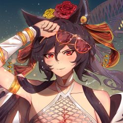Rule 34 | 1girl, animal ears, backless outfit, black hair, blush, breasts, cleavage, commentary request, crover, erune, unworn eyewear, granblue fantasy, hair between eyes, hair ribbon, highres, holding, holding removed eyewear, ilsa (granblue fantasy), large breasts, long hair, looking at viewer, one-piece swimsuit, red eyes, ribbon, smile, solo, sunglasses, swimsuit, white one-piece swimsuit, wrist cuffs