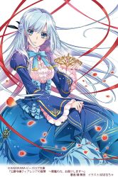 Rule 34 | 1girl, blue dress, blue eyes, blue hair, brooch, character request, copyright request, dress, grey hair, holding, holding tiara, jewelry, kadokawa, long hair, looking at viewer, official art, poporucha (pcjn5584), ribbon, solo, tiara, white background
