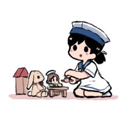 Rule 34 | 1girl, black eyes, black hair, blush, doll, dress, hat, hiburi (kancolle), kantai collection, lowres, open mouth, ponytail, sailor collar, sailor dress, sailor hat, shadow, short sleeves, simple background, sitting, solo, stuffed animal, stuffed rabbit, stuffed toy, terrajin, white background, white dress, white hat