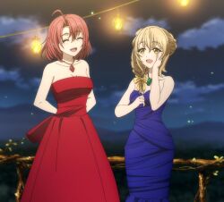 Rule 34 | 2girls, bare shoulders, blue dress, breasts, cleavage, closed eyes, cow girl (goblin slayer!), dress, goblin slayer!, guild girl (goblin slayer!), jewelry, medium breasts, multiple girls, necklace, open mouth, red dress, red hair, screencap, smile, stitched, third-party edit