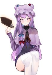 Rule 34 | 1girl, bespectacled, book, bow, crescent, crossed legs, dress, eyebrows hidden by hair, feet out of frame, floating, floating book, floating object, glasses, hand up, hat, highres, light smile, long hair, long sleeves, looking at viewer, majime joe, mob cap, patchouli knowledge, purple eyes, purple hair, red ribbon, ribbon, round eyewear, simple background, sitting, solo, striped, thighhighs, touhou, very long hair, white background, white thighhighs