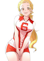 Rule 34 | 10s, 1girl, blonde hair, breasts, bright pupils, brown eyes, cowboy shot, girls und panzer, hair pulled back, large breasts, leaning forward, leaning to the side, long hair, looking at viewer, mituki (mitukiiro), open mouth, ponytail, red shirt, red shorts, sasaki akebi, shirt, short shorts, shorts, simple background, sleeveless, sleeveless shirt, smile, solo, sportswear, standing, v arms, volleyball uniform, white background, white pupils