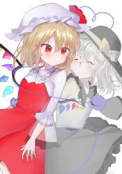 Rule 34 | 2girls, absurdres, back-to-back, black headwear, blonde hair, bow, closed eyes, closed mouth, crystal, dress, flandre scarlet, green hair, green skirt, hat, hat bow, heart, heart of string, highres, holding hands, komeiji koishi, long sleeves, looking at another, mob cap, multiple girls, omodaka romu, red dress, red eyes, shirt, simple background, skirt, smile, third eye, touhou, white background, white headwear, wings, yellow bow, yellow shirt