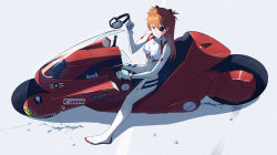 Rule 34 | 1girl, akira (manga), blue eyes, bodysuit, breasts, canon (company), closed mouth, commentary, covered navel, crossover, evangelion: 3.0+1.0 thrice upon a time, eyepatch, full body, goggles, hair ornament, highres, holding, holding goggles, interface headset, kaneda shoutarou&#039;s bike, long hair, looking at viewer, medium breasts, motor vehicle, motorcycle, neon genesis evangelion, orange hair, pilot suit, plugsuit, rebuild of evangelion, sachiel (evangelion), sitting, smile, solo, souryuu asuka langley, sport bike, unworn goggles, yakisobaosu