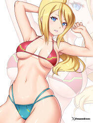 Rule 34 | 1girl, adapted costume, arms up, bare arms, bare shoulders, bikini, blonde hair, blue eyes, breasts, commentary, cowboy shot, english commentary, etchimune, groin, hair between eyes, large breasts, metroid, mismatched bikini, navel, nintendo, parted lips, pink lips, ponytail, samus aran, solo, standing, stomach, swimsuit