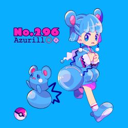 Rule 34 | 1girl, animal ears, azurill, bad id, bad pixiv id, bag, blue background, blue dress, blue footwear, blue hair, blush, blush stickers, capelet, character name, child, creatures (company), dress, earrings, english text, female focus, flat chest, full body, game freak, gen 3 pokemon, hands up, jewelry, long sleeves, looking to the side, narumame, nervous, nintendo, open mouth, own hands together, personification, poke ball, poke ball (basic), poke ball theme, pokedex number, pokemon, pokemon (creature), running, shoes, short hair, simple background, sitting, socks, text focus, white legwear, zipper pull tab
