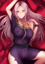 Rule 34 | 1girl, arm up, breasts, chain, chained, chain, closed mouth, cuffs, dress, fire emblem, fire emblem: the binding blade, green eyes, heterochromia, highres, idunn (fire emblem), jtaka, large breasts, long hair, nintendo, nipples, pointy ears, purple dress, purple hair, red eyes, see-through, shackles, sidelocks, solo, strapless, strapless dress