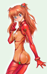 Rule 34 | 00s, 1girl, ass, blue eyes, blush, bodysuit, brown hair, butt crack, long hair, multicolored clothes, neon genesis evangelion, plugsuit, rebuild of evangelion, skin tight, solo, souryuu asuka langley, test plugsuit, zzy