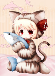 Rule 34 | 1girl, alternate costume, animal costume, bad id, bad pixiv id, blonde hair, blush, bow, cat costume, cocozasa, dolphin, female focus, fish, hair ribbon, hug, looking at viewer, red eyes, ribbon, rumia, short hair, sitting, smile, solo, touhou