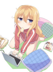 Rule 34 | 10s, 1girl, bag, barefoot, blonde hair, blue eyes, blush, book, chips (food), computer, food, food in mouth, gabriel dropout, gabriel tenma white, jacket, laptop, leafy (kitsuneya), long hair, long sleeves, looking at viewer, messy hair, mouth hold, pillow, potato chips, simple background, sitting, solo, track jacket, very long hair, wariza, white background