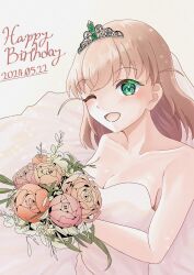 Rule 34 | 1girl, ;d, aokiotemoto, bare shoulders, bouquet, breasts, cleavage, collarbone, commentary request, crossed bangs, dated, dress, flower, green eyes, happy birthday, highres, hinoshita kaho, holding, holding bouquet, link! like! love live!, long dress, looking at viewer, love live!, medium breasts, medium hair, one eye closed, open mouth, orange hair, smile, solo, strapless, strapless dress, tiara, two side up, upper body, virtual youtuber, white dress