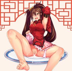 Rule 34 | 1girl, aftersex, arm up, armpits, barefoot, breasts, brown eyes, brown hair, clothes lift, covered erect nipples, cum, cum in pussy, detached sleeves, feet, female pubic hair, guilty gear, hair tubes, kuradoberi jam, large breasts, one eye closed, panties, panties around leg, pubic hair, skirt, skirt lift, solo, sweat, toes, togari1210, uncensored, underwear
