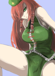 Rule 34 | 1girl, bare arms, bare legs, blue background, braid, breasts, dress, ginji (sakaki summer), green dress, green eyes, green hat, hair over one eye, hat, hong meiling, large breasts, long hair, looking at viewer, open mouth, parted lips, purple background, red hair, side slit, simple background, sitting, sleeveless, solo, thighs, touhou, twin braids