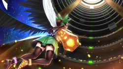 Rule 34 | 1girl, arm cannon, asymmetrical footwear, bird wings, black thighhighs, black wings, bow, brown hair, cape, commentary request, flying, from below, green bow, green skirt, hair bow, highres, long hair, looking up, mismatched footwear, nekoda (maoda), reiuji utsuho, revision, shirt, skirt, solo, thighhighs, touhou, weapon, white shirt, wings