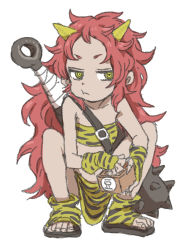 Rule 34 | 1girl, :t, animal print, beans, club, club (weapon), eating, full body, highres, horns, kanabou, long hair, midriff, oni, original, red hair, sandals, setsubun, simple background, solo, squatting, tiger print, weapon, white background, yamamoto souichirou, yellow eyes