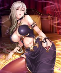 Rule 34 | 1girl, armlet, bare shoulders, bed sheet, blonde hair, bow, bracelet, breasts, choker, collarbone, covered erect nipples, curtains, dress, elf, female focus, gem, hair between eyes, highres, hip focus, incense, indoors, jewelry, katejina (taimanin asagi), large breasts, lips, long hair, looking at viewer, lying, mole, mole under eye, nail polish, navel, nipples, no bra, on back, on bed, open mouth, parted lips, petals, pillow, pointy ears, purple dress, red thighhighs, rose petals, sano toshihide, shiny clothes, skindentation, smoke, solo, taimanin (series), taimanin asagi, taimanin asagi kessen arena, thighhighs, tight clothes, very long hair, yellow eyes