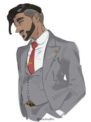 Rule 34 | 1boy, beard, black hair, closed mouth, collared shirt, commentary request, creatures (company), earrings, facial hair, formal, game freak, green eyes, grey jacket, grey pants, grey vest, hand in pocket, jacket, jewelry, looking down, male focus, necktie, nintendo, open clothes, open jacket, pants, pokemon, pokemon swsh, red necktie, rose (pokemon), shirt, short hair, simple background, solo, suit, tie clip, tsuruba (tsu41014812), twitter username, undercut, vest, watermark, white background, white shirt