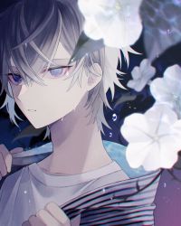 Rule 34 | 1boy, blue eyes, water drop, flower, grey hair, hair between eyes, highres, holding, holding clothes, leaf, liquid clothes, looking at viewer, male focus, muon, original, shirt, shirt grab, solo, summer, water, white flower, white shirt
